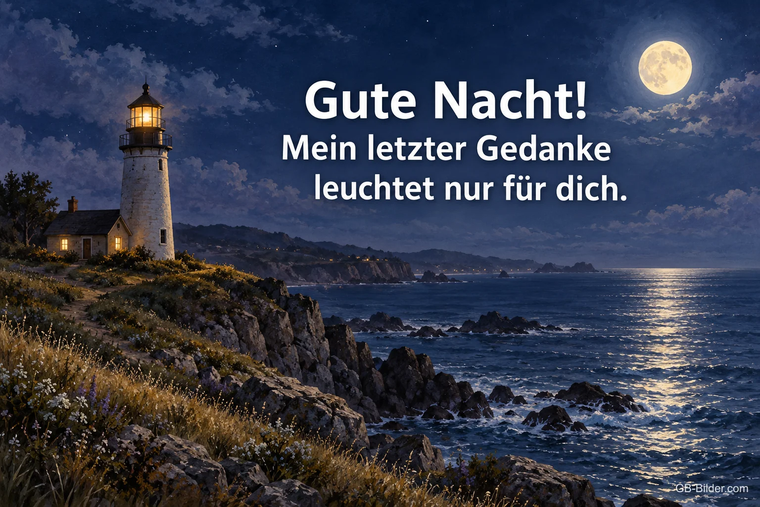 Leuchtturm bei Vollmond, Text: Gute Nacht