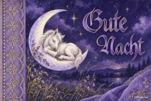 Weißes Einhorn schläft auf einer Mondsichel, Text: Gute Nacht