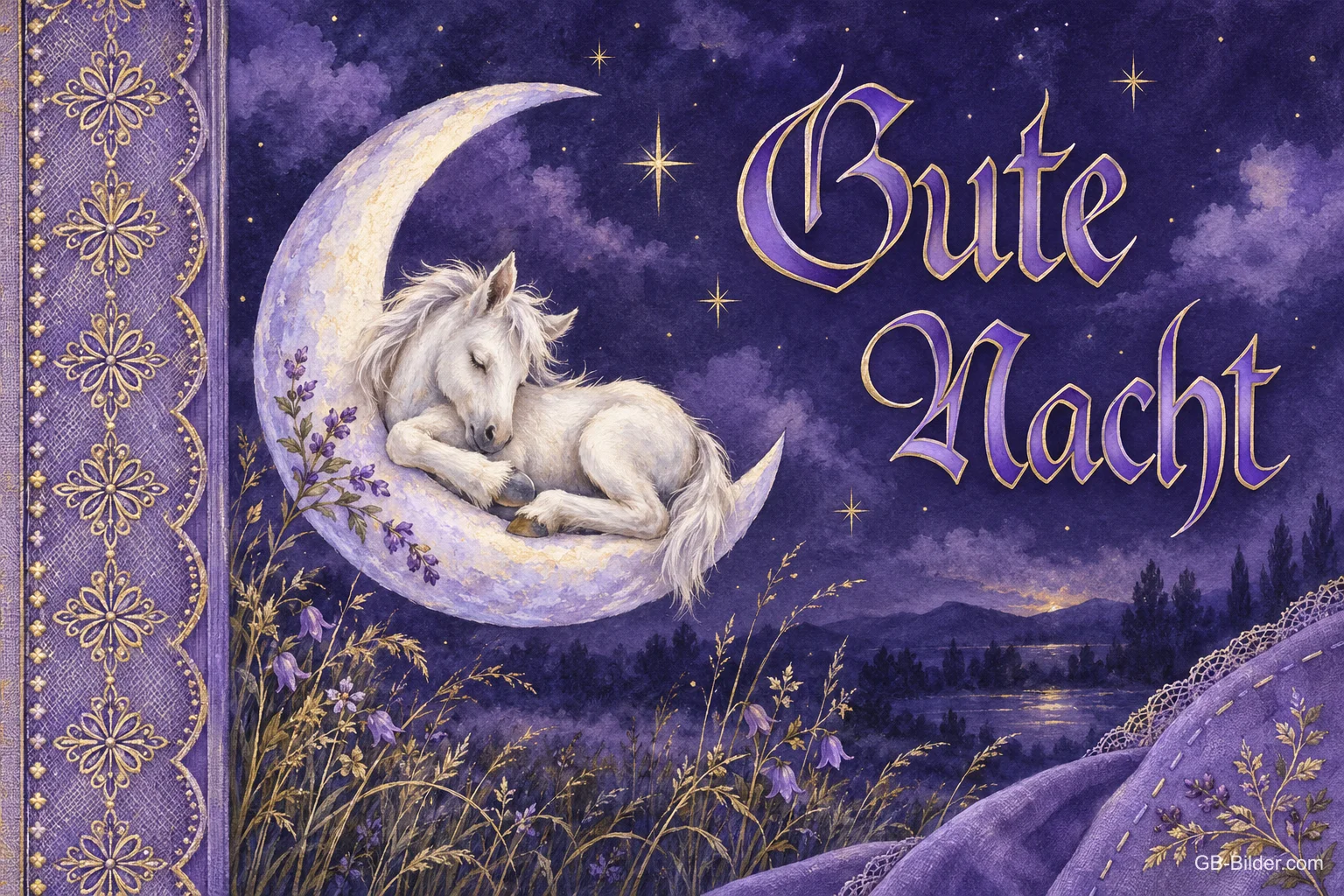 Weißes Einhorn schläft auf einer Mondsichel, Text: Gute Nacht