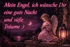 Engel mit Flügeln kniet neben einer Laterne bei Nacht, Text: Mein Engel, ich wünsche Dir eine gute Nacht und süße Träume :)