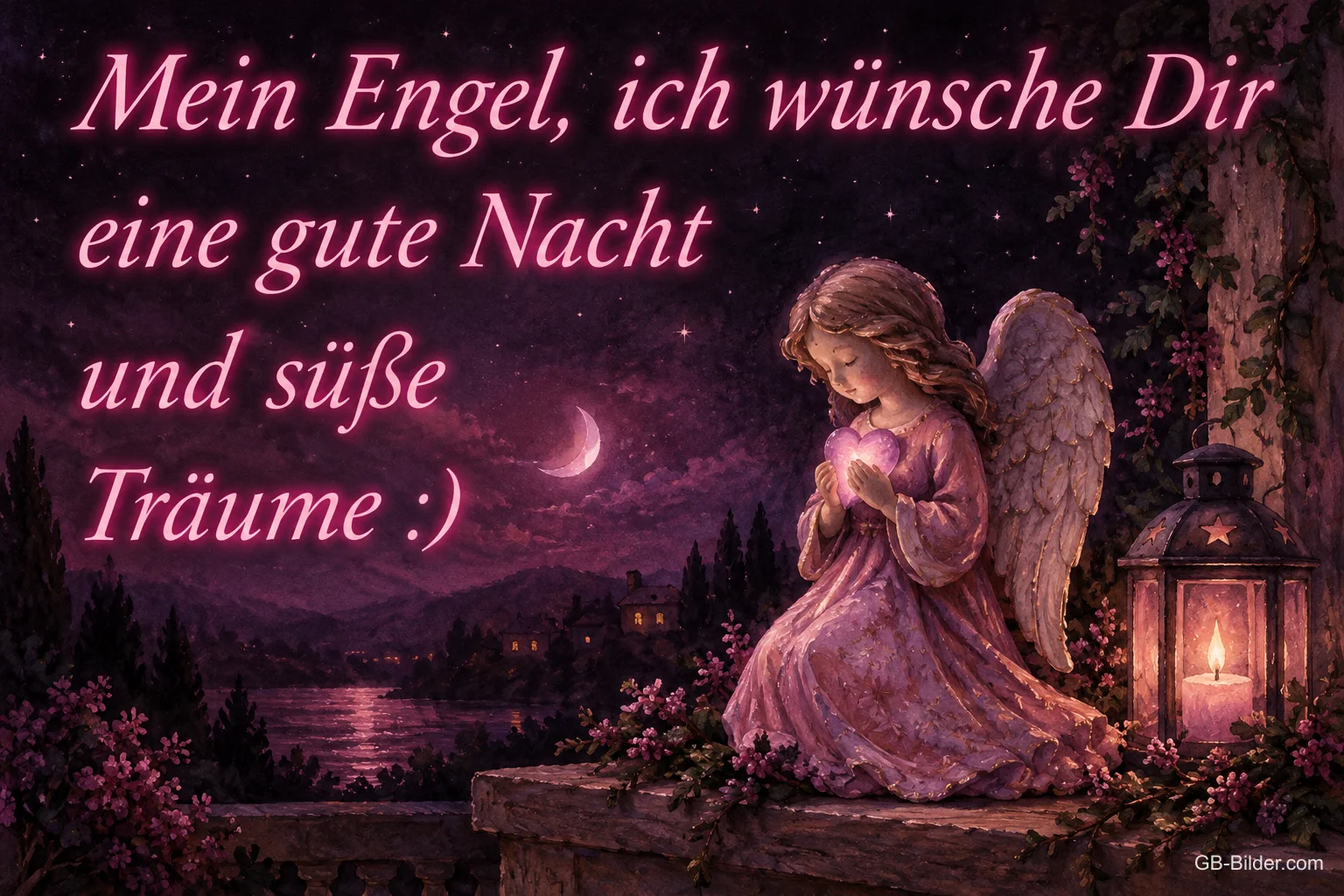 Engel mit Flügeln kniet neben einer Laterne bei Nacht, Text: Mein Engel, ich wünsche Dir eine gute Nacht und süße Träume :)