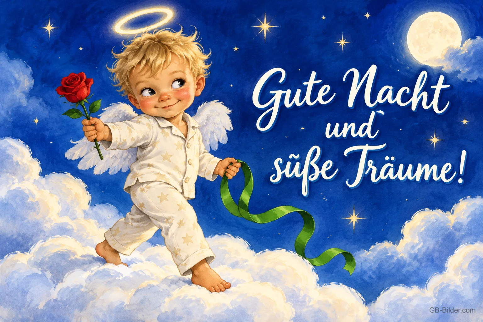 Kleiner Engel im Schlafanzug mit Rose und Heiligenschein spaziert über Wolken, Text: Gute Nacht und süße Träume!