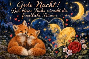 Zwei Füchse kuscheln vor einem goldenen Herz unter Mond und Sternen, Text: Gute Nacht! Der kleine Fuchs wünscht dir friedliche Träume.
