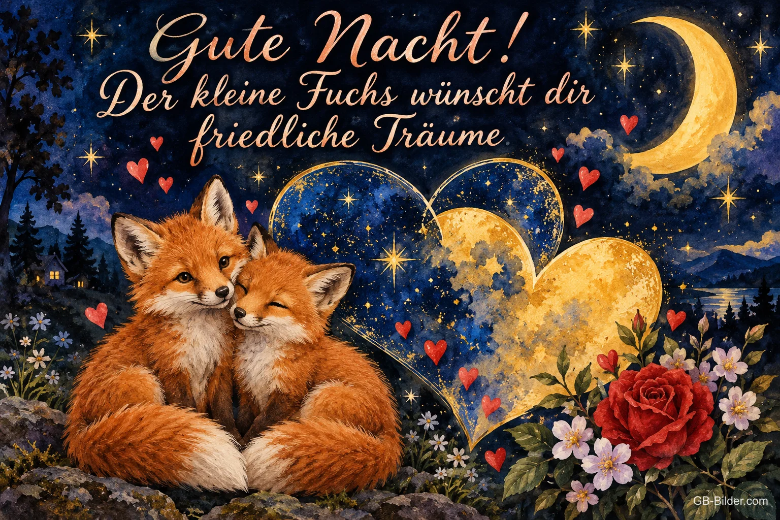 Zwei Füchse kuscheln vor einem goldenen Herz unter Mond und Sternen, Text: Gute Nacht! Der kleine Fuchs wünscht dir friedliche Träume.