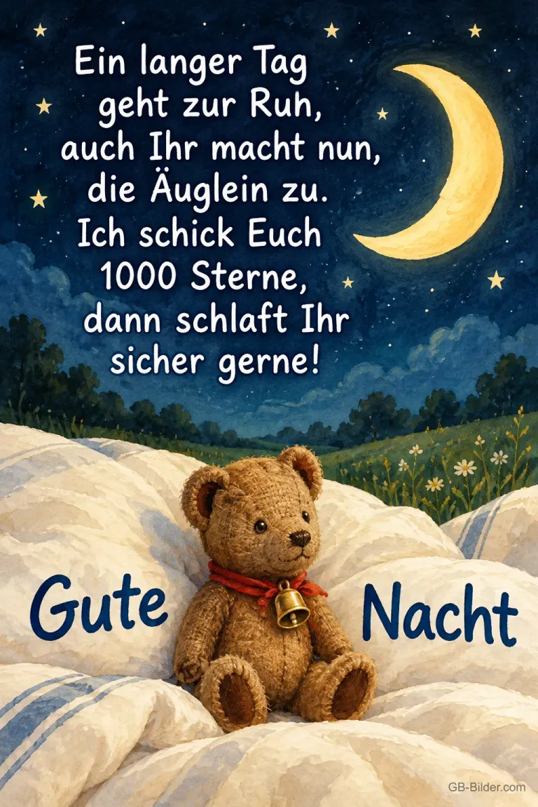 Teddybär mit Glöckchen auf einer Decke unter der Mondsichel, Text: Ein langer Tag geht zur Ruh, auch Ihr macht nun die Äuglein zu. Ich schick Euch 1000 Sterne, dann schlaft Ihr sicher gerne! Gute Nacht