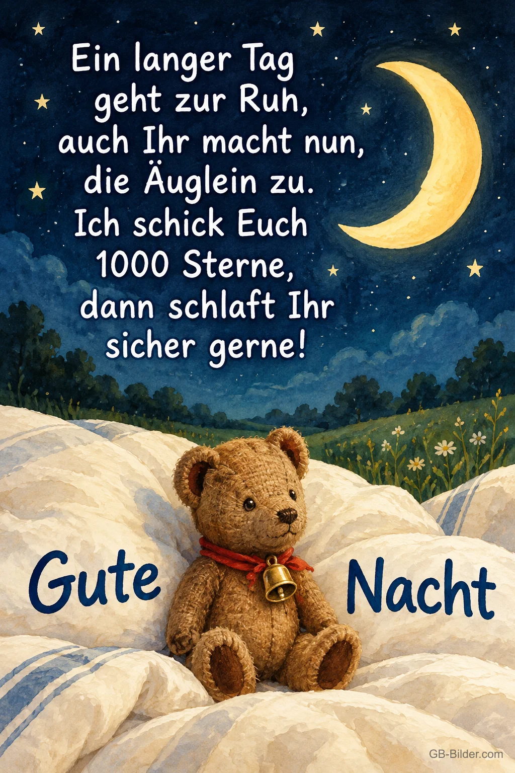 Teddybär mit Glöckchen auf einer Decke unter der Mondsichel, Text: Ein langer Tag geht zur Ruh, auch Ihr macht nun die Äuglein zu. Ich schick Euch 1000 Sterne, dann schlaft Ihr sicher gerne! Gute Nacht