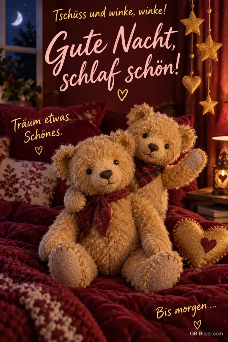 Zwei Teddybären mit Schals sitzen im Bett, einer winkt, Text: Tschüss und winke, winke! Gute Nacht, schlaf schön! Träum etwas Schönes. Bis morgen …