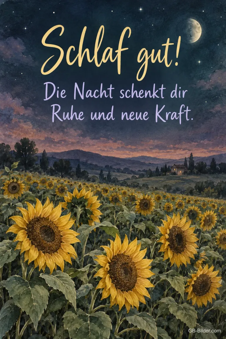 Sonnenblumen in der Dämmerung, Text: Schlaf gut