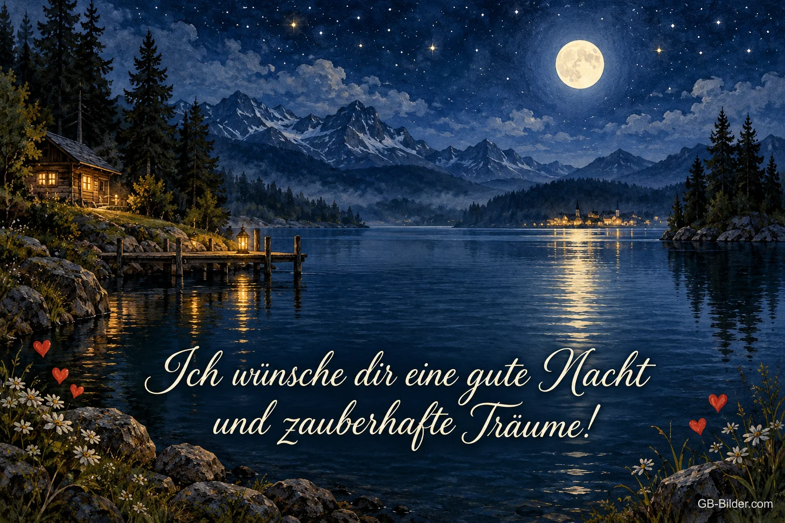 Bergsee mit Hütte und Steg unter dem Vollmond, Text: Ich wünsche dir eine gute Nacht und zauberhafte Träume!