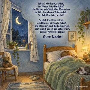 Kind schläft im Holzbett, Mond am Fenster, Teddy und Katze, Text: Schlaf, Kindlein, schlaf, der Vater hüt die Schaf, die Mutter schüttelt das Bäumelein, da fällt herab ein Träumelein. Schlaf, Kindlein, schlaf! Schlaf, Kindlein, schlaf, am Himmel ziehn die Schaf. Die Sternlein sind die Lämmerlein, der Mond, der ist das Schäferlein. Schlaf, Kindlein, schlaf! Gute Nacht!