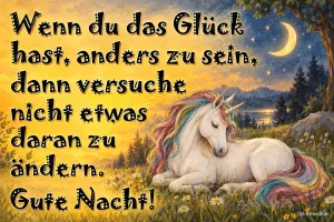 Einhorn mit Regenbogenmähne liegt auf einer Wiese bei Mondschein, Text: Wenn du das Glück hast, anders zu sein, dann versuche nicht etwas daran zu ändern. Gute Nacht!