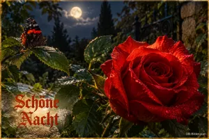Rote Rose und Schmetterling im Mondlicht, Text: Schöne Nacht