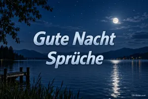 Mondlicht spiegelt sich auf einem See mit Steg, Text: Gute Nacht Sprüche