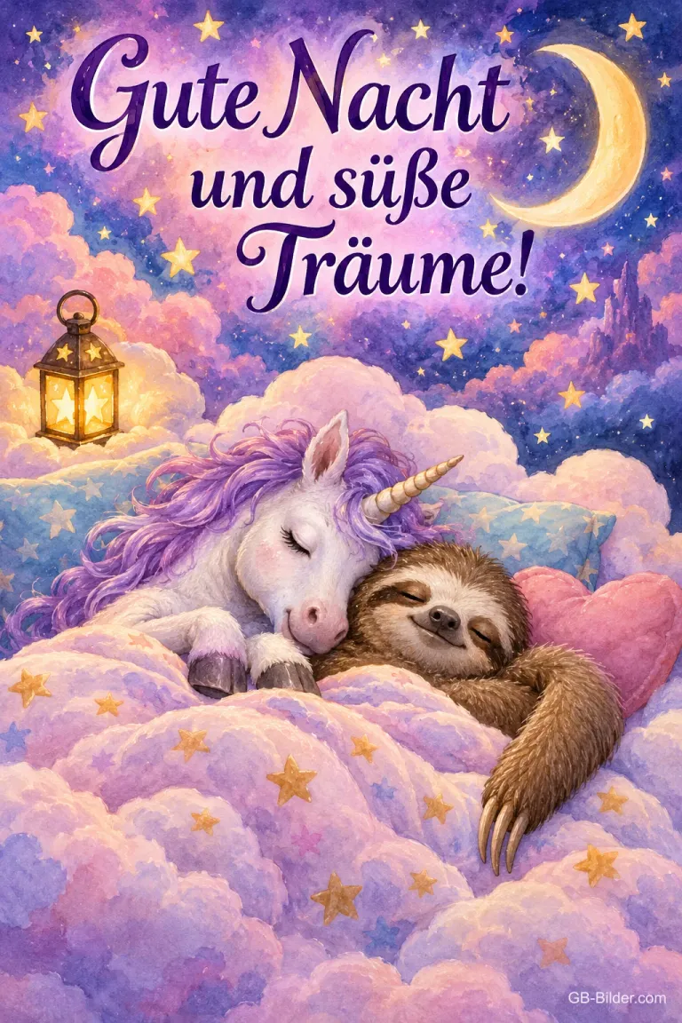 Einhornfohlen und Faultier schlafen eng aneinander in einem Wolkenbett unter Mond und Sternen, Laterne, Text: Gute Nacht und süße Träume!
