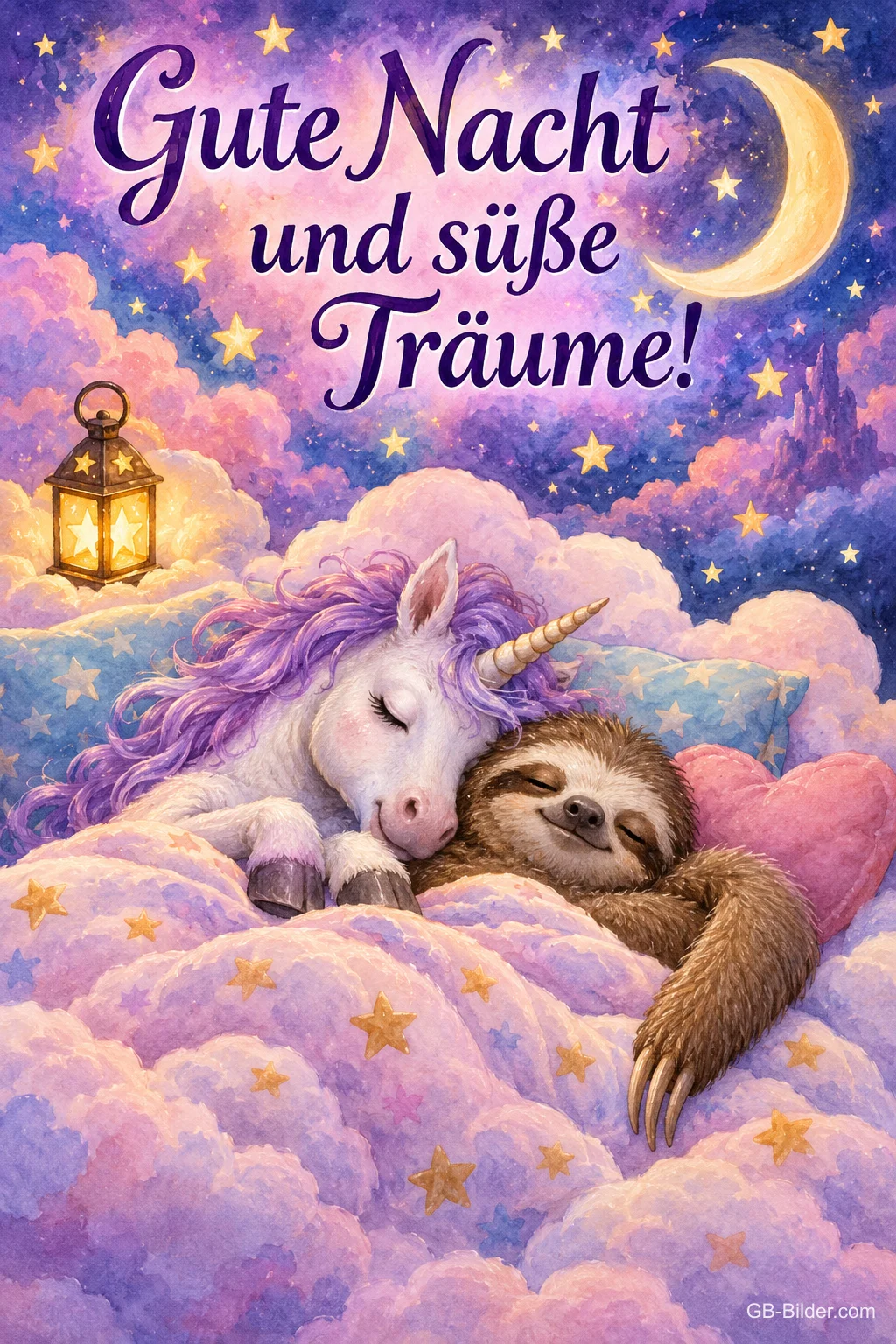 Einhornfohlen und Faultier schlafen eng aneinander in einem Wolkenbett unter Mond und Sternen, Laterne, Text: Gute Nacht und süße Träume!