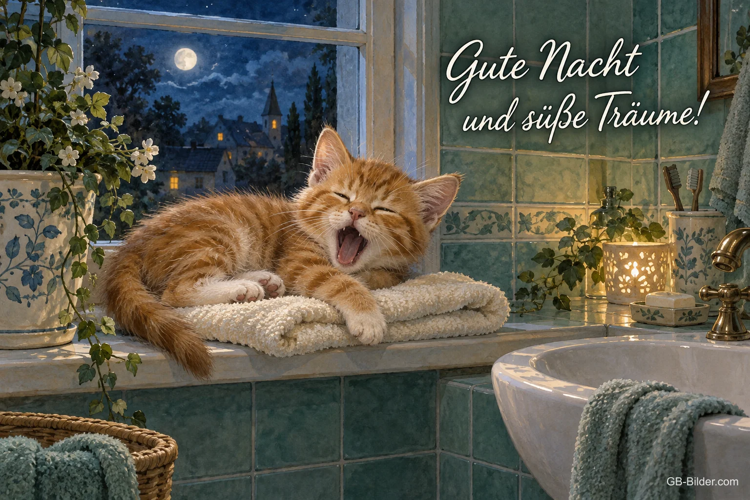 Rotes Kätzchen gähnt auf einem Handtuch im Badezimmer, Text: Gute Nacht und süße Träume!