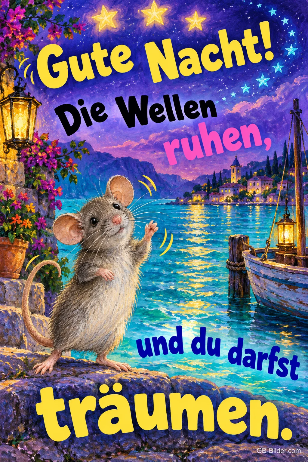 Maus winkt am nächtlichen Hafen mit Booten und Laternen, Text: Gute Nacht! Die Wellen ruhen, und du darfst träumen.