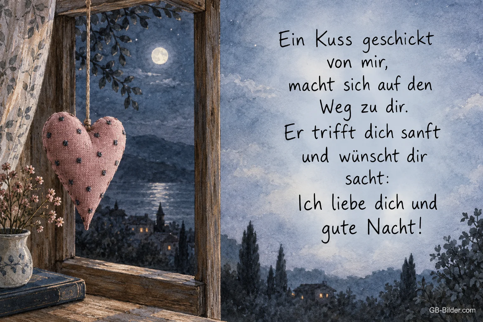 Gepunktetes Stoffherz hängt am Fenster bei Vollmond, Text: Ein Kuss geschickt von mir, macht sich auf den Weg zu dir. Er trifft dich sanft und wünscht dir sacht: Ich liebe dich und gute Nacht!