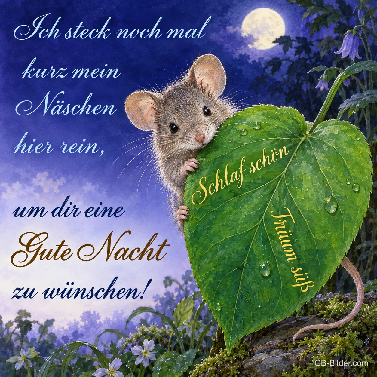 Maus hinter einem Blatt, Text: Ich steck noch mal kurz mein Näschen hier rein, um dir eine Gute Nacht