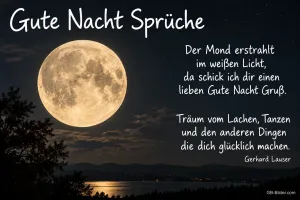 Vollmond über einem See bei Nacht, Text: Gute Nacht Sprüche – Der Mond erstrahlt im weißen Licht, da schick ich dir einen lieben Gute Nacht Gruß. Träum vom Lachen, Tanzen und den anderen Dingen die dich glücklich machen. – Gerhard Lauser