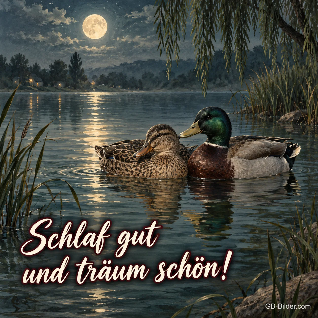 Stockenten bei Vollmond, Text: Schlaf gut und träum schön