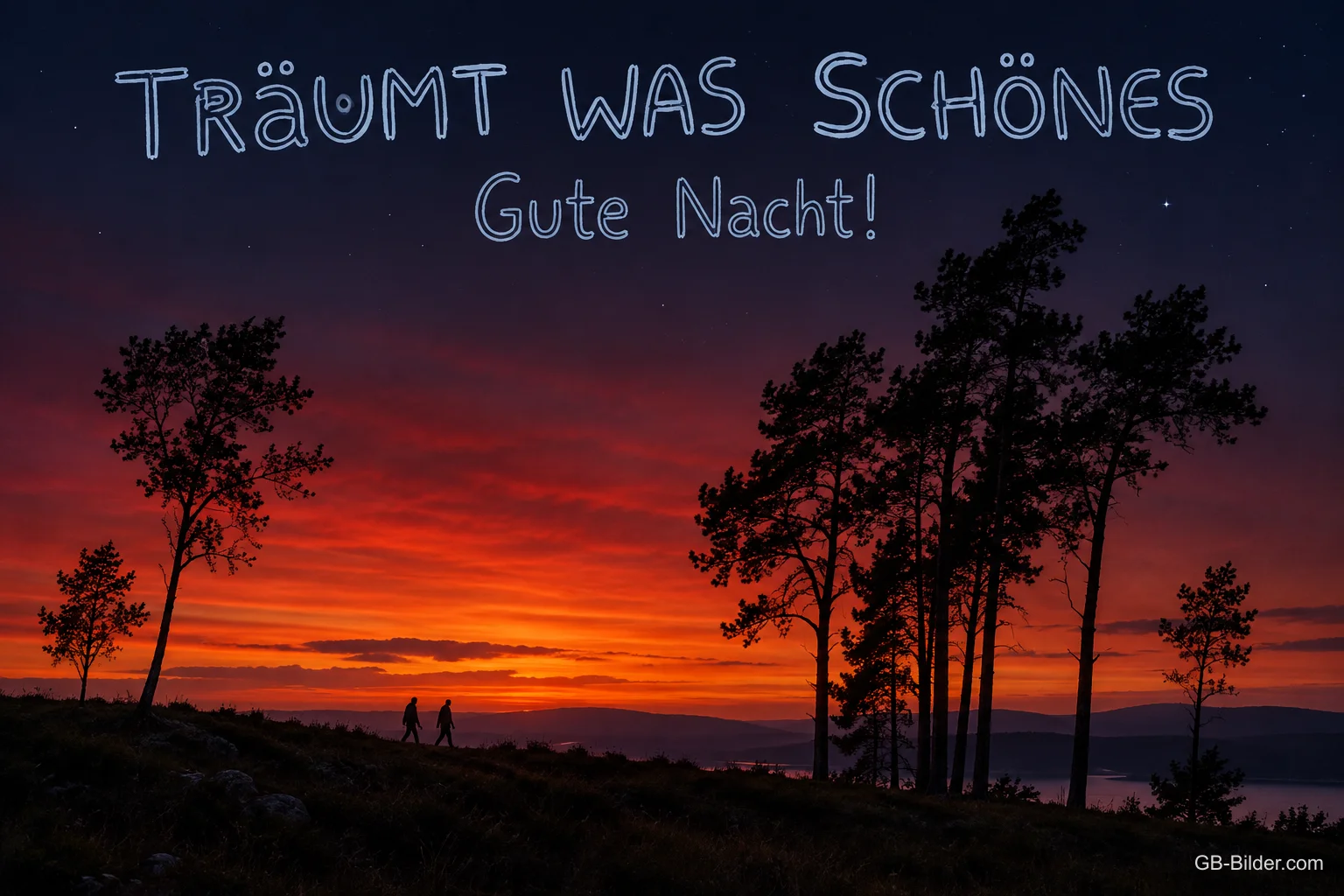 Silhouetten von Bäumen vor rotem Abendhimmel, Text: TRÄUMT WAS SCHÖNES – Gute Nacht!