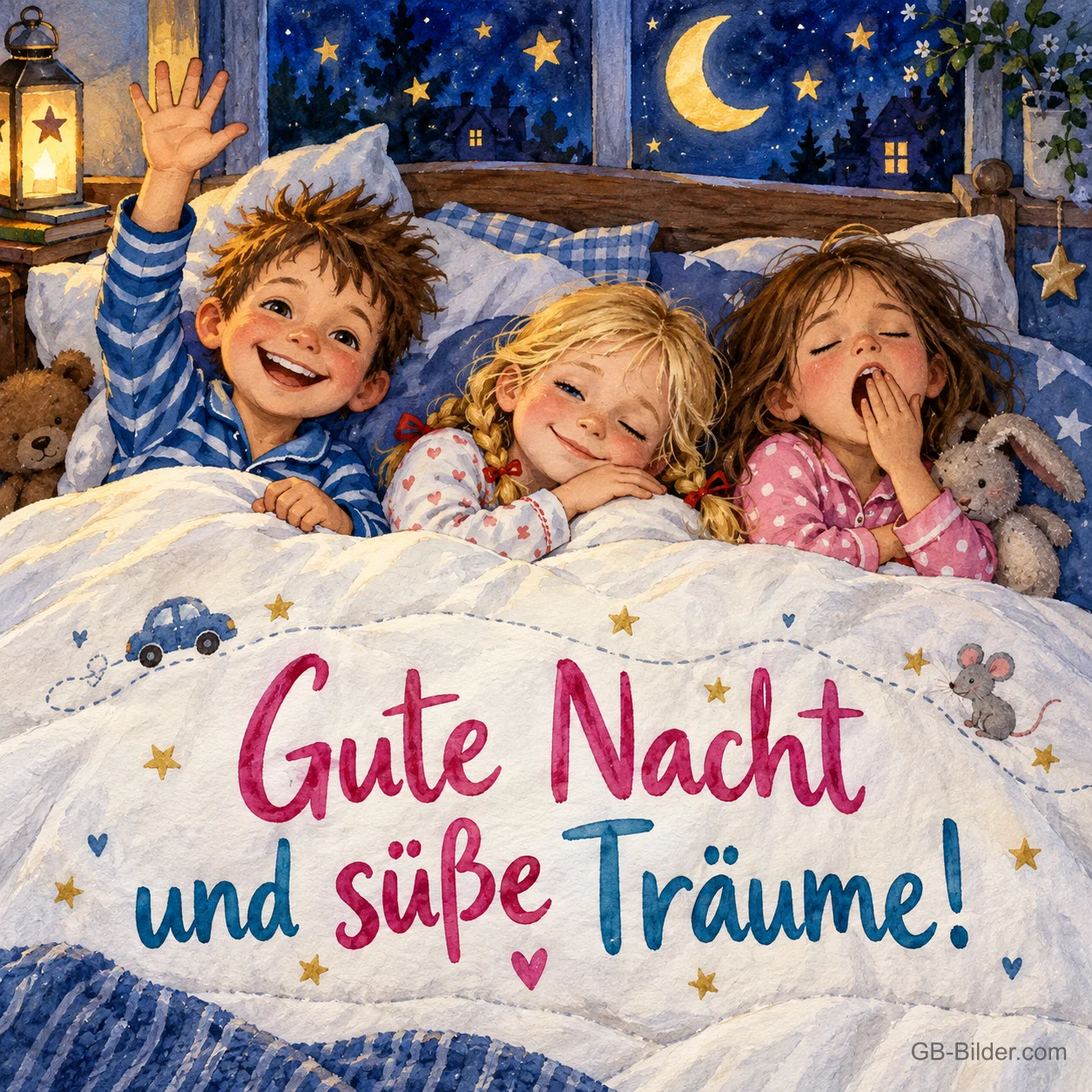 Drei Kinder liegen im Bett, eins winkt, eins schläft, eins gähnt, Mond am Fenster, Text: Gute Nacht und süße Träume!