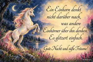 Weißes Einhorn steigt auf einer Blumenwiese bei Mondschein, Text: Ein Einhorn denkt nicht darüber nach, was andere Einhörner über ihn denken. Es glitzert einfach. Gute Nacht und süße Träume!