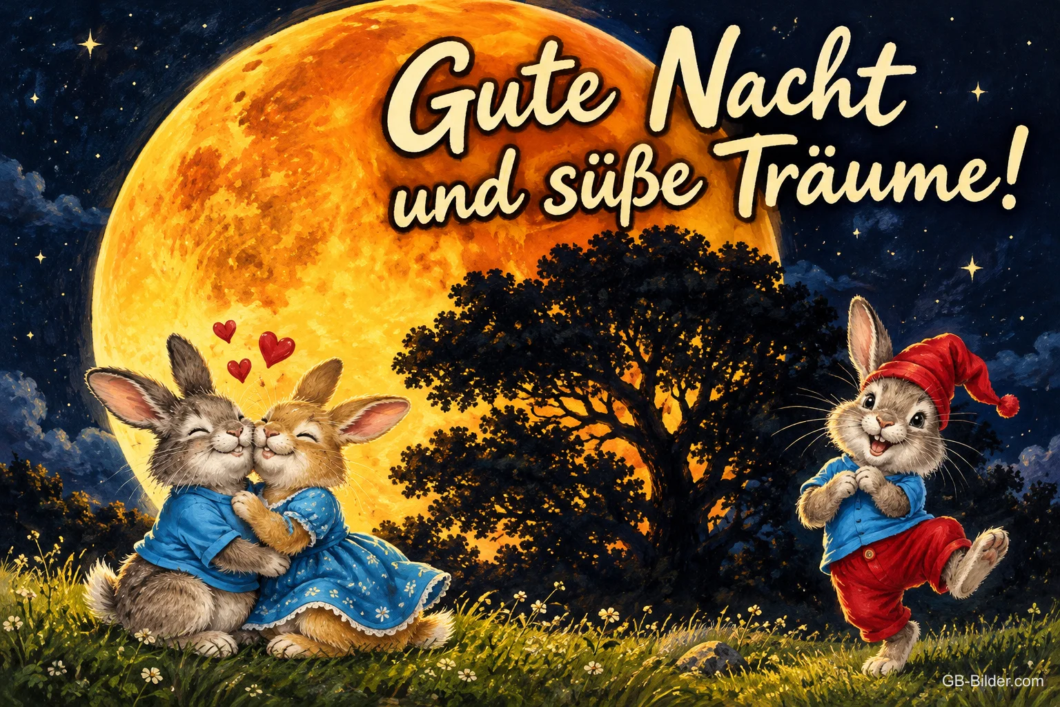 Zwei kuschelnde Hasen und ein tanzender Hase mit Zipfelmütze vor orangem Vollmond, Text: Gute Nacht und süße Träume!