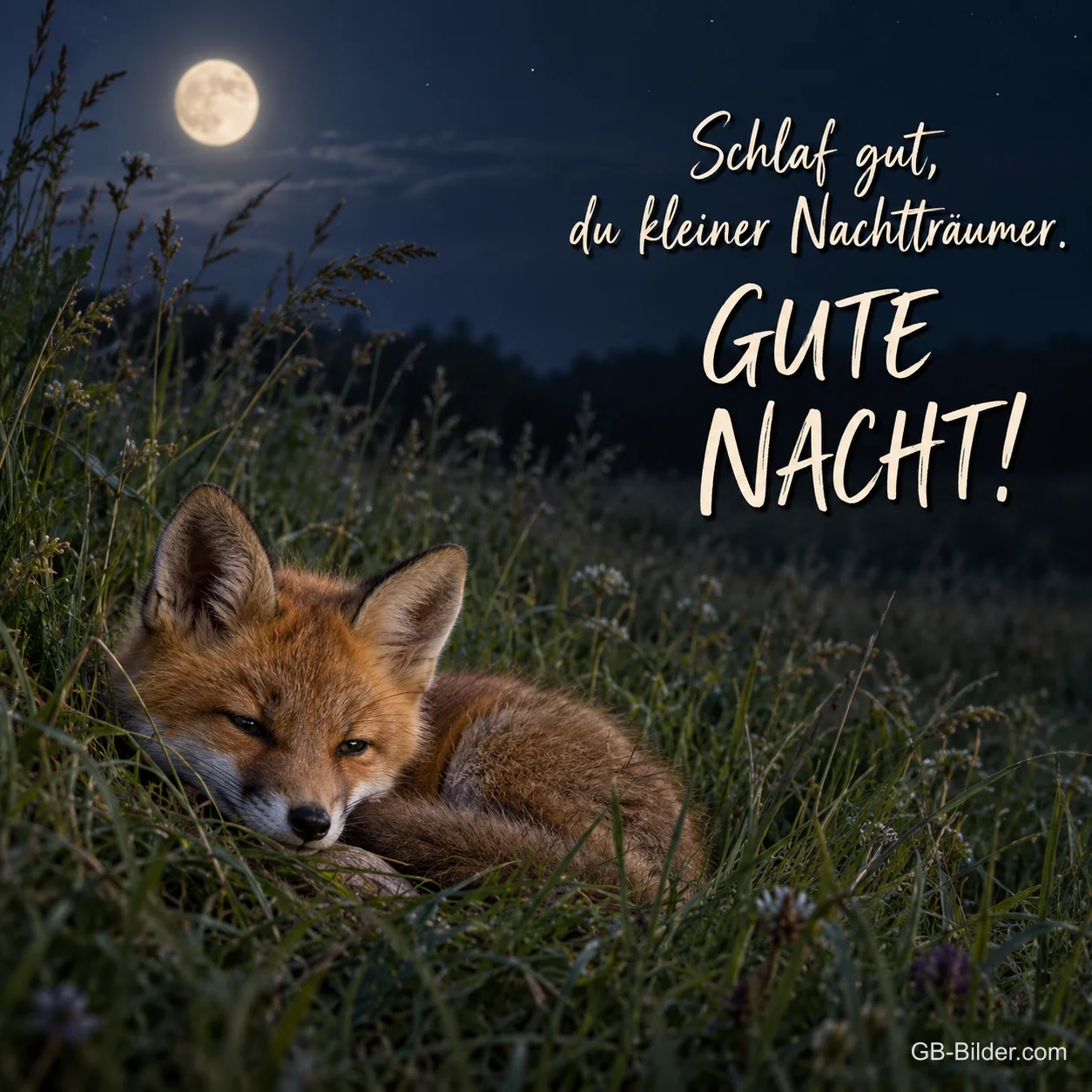 Fuchs bei Vollmond, Text: Schlaf gut, du kleiner Nachtträumer