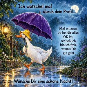Gans mit Regenhut und Schirm watschelt durch den nächtlichen Regen, Text: Ich watschel mal durch dein Profil… Mal schauen ob bei dir alles OK ist, schließlich bin ich froh, wenn’s Dir gut geht. Wünsche Dir eine schöne Nacht!