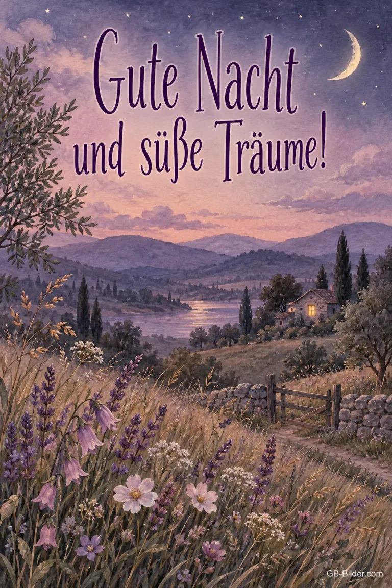 Wiesenlandschaft mit Glockenblumen in der Abenddämmerung, Text: Gute Nacht und süße Träume!