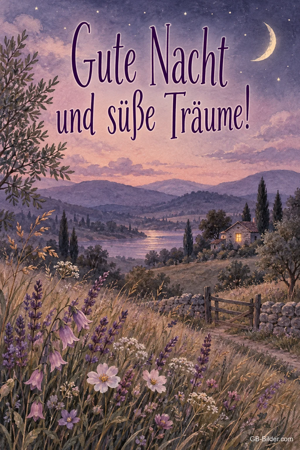 Wiesenlandschaft mit Glockenblumen in der Abenddämmerung, Text: Gute Nacht und süße Träume!