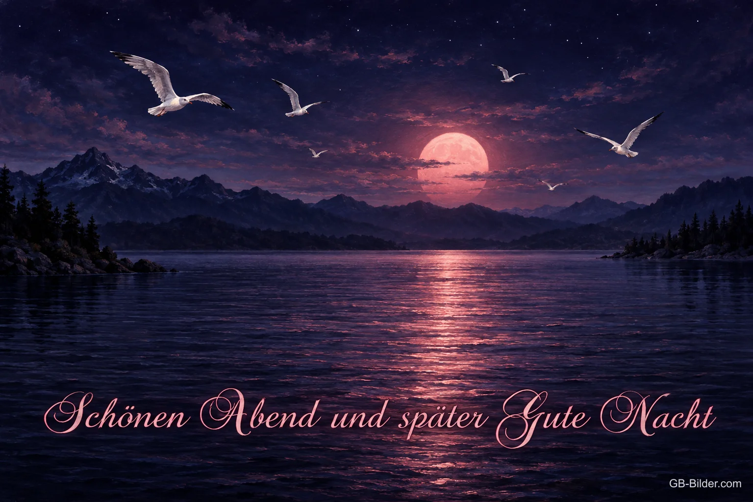 Möwen fliegen über einen See unter dem rosa Mond, Text: Schönen Abend und später Gute Nacht