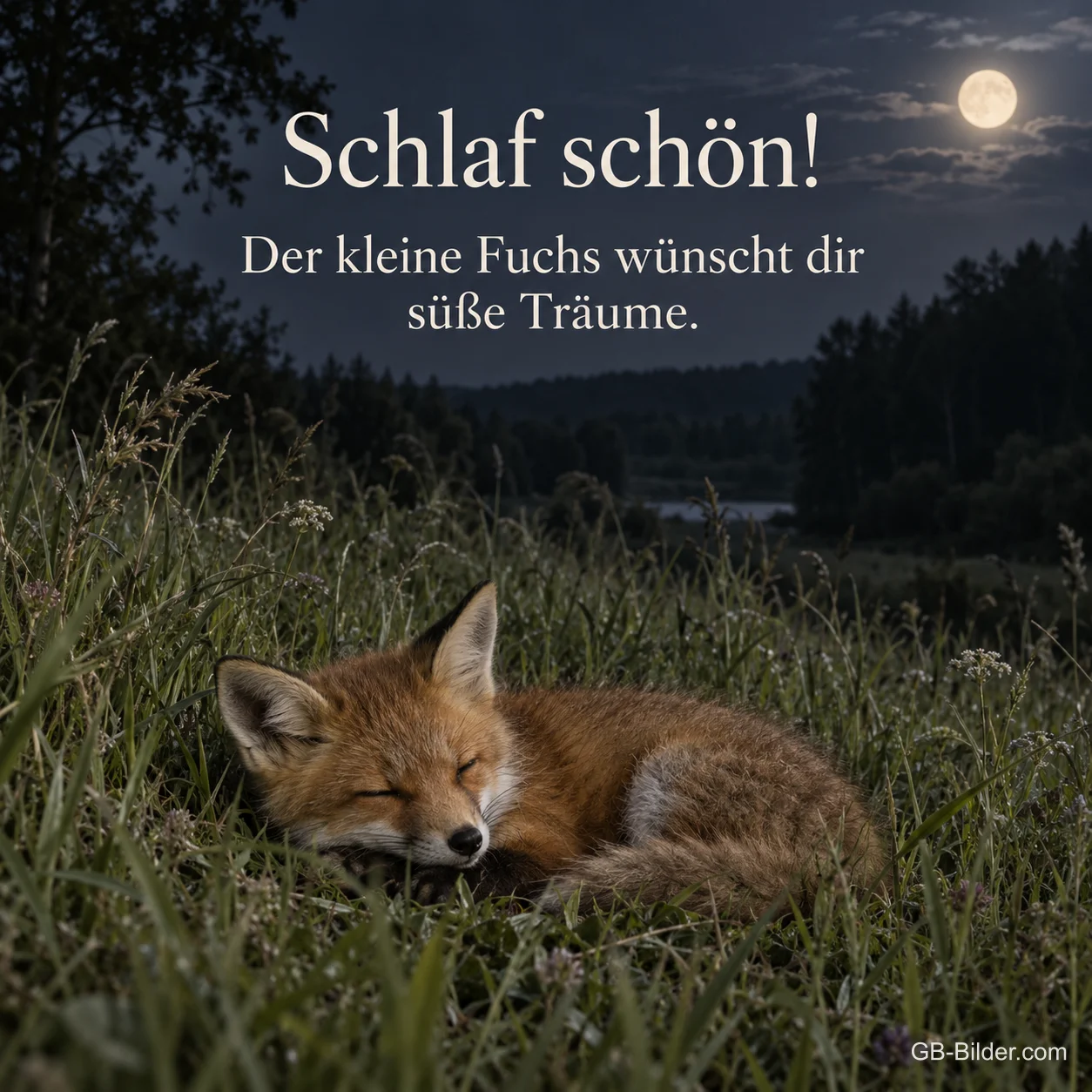 Schlafender Fuchs bei Vollmond, Text: Schlaf schön