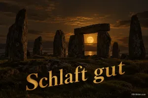 Steinkreis vor dem aufgehenden Mond in der Dämmerung, Text: Schlaft gut