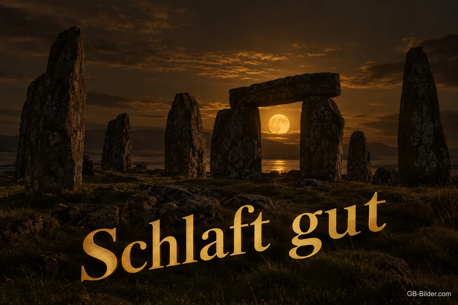 Steinkreis vor dem aufgehenden Mond in der Dämmerung, Text: Schlaft gut