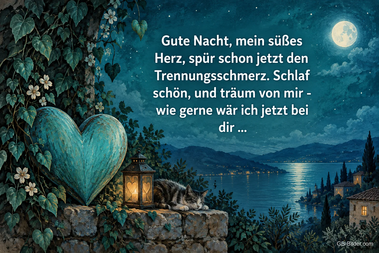 Türkises Herz und Laterne auf einer Mauer am nächtlichen See, Text: Gute Nacht, mein süßes Herz, spür schon jetzt den Trennungsschmerz. Schlaf schön, und träum von mir – wie gerne wär ich jetzt bei dir …