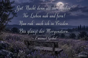Holzbank in einem Lavendelfeld unter dem Mond, Text: Gut’ Nacht denn all ihr Müden. Ihr Lieben nah und fern! Nun ruh’ auch ich in Frieden. Bis glänzt der Morgenstern. – Emanuel Geibel