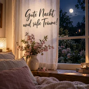 Gemütliches Schlafzimmer mit Blumen am Fenster bei Vollmond, Text: Gute Nacht und süße Träume!