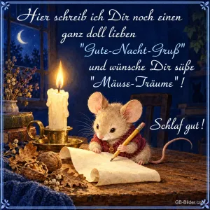 Maus schreibt bei Kerzenlicht einen Gute-Nacht-Gruß, Text: Hier schreib ich dir noch einen ganz doll lieben Gute-Nacht-Gruß und wünsche dir süße Mäuse-Träume! Schlaf gut!