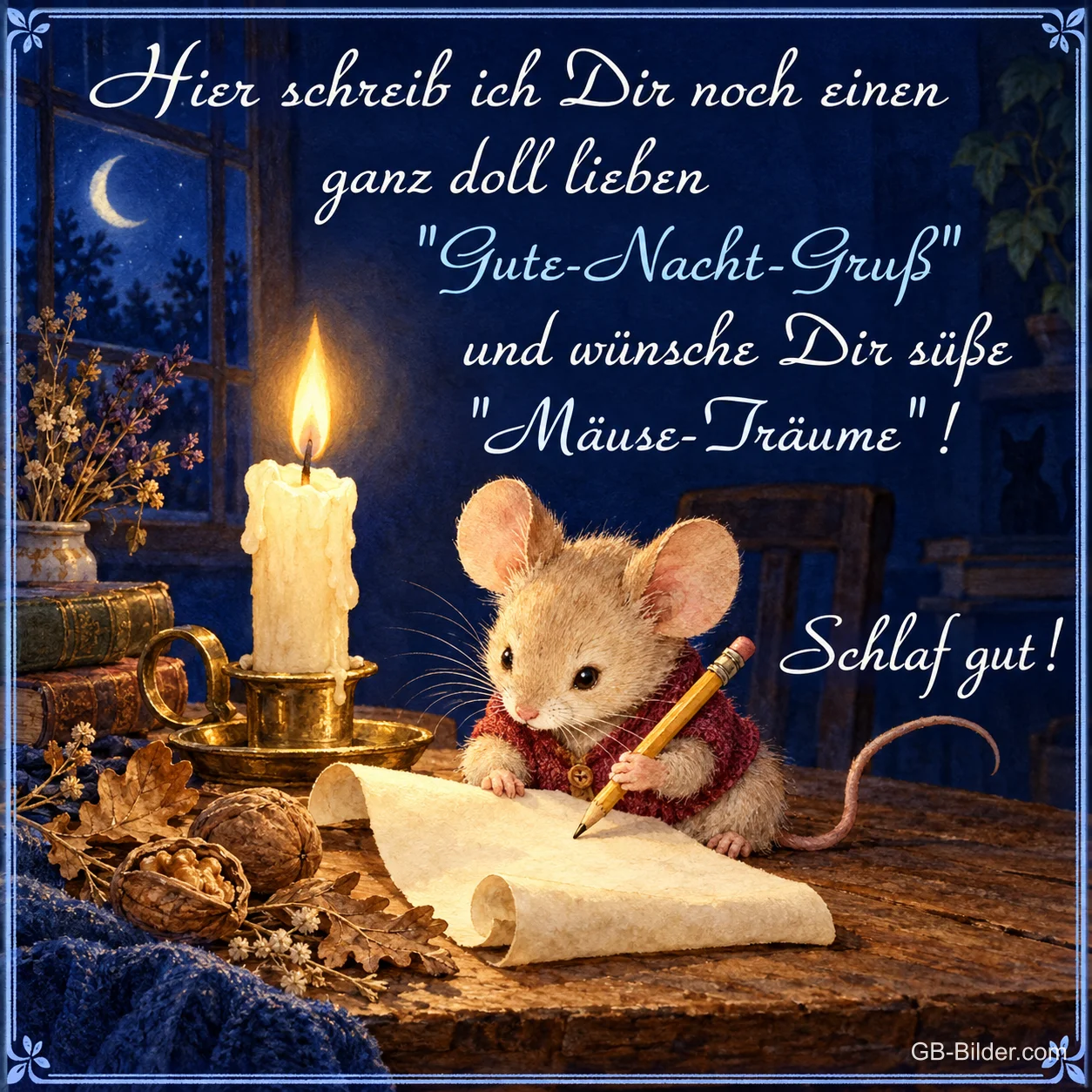 Maus schreibt bei Kerzenlicht einen Gute-Nacht-Gruß, Text: Hier schreib ich dir noch einen ganz doll lieben Gute-Nacht-Gruß und wünsche dir süße Mäuse-Träume! Schlaf gut! Maus schreibt bei Kerzenlicht einen Gute-Nacht-Gruß, Text: Hier schreib ich dir noch einen ganz doll lieben Gute-Nacht-Gruß und wünsche dir süße Mäuse-Träume! Schlaf gut!