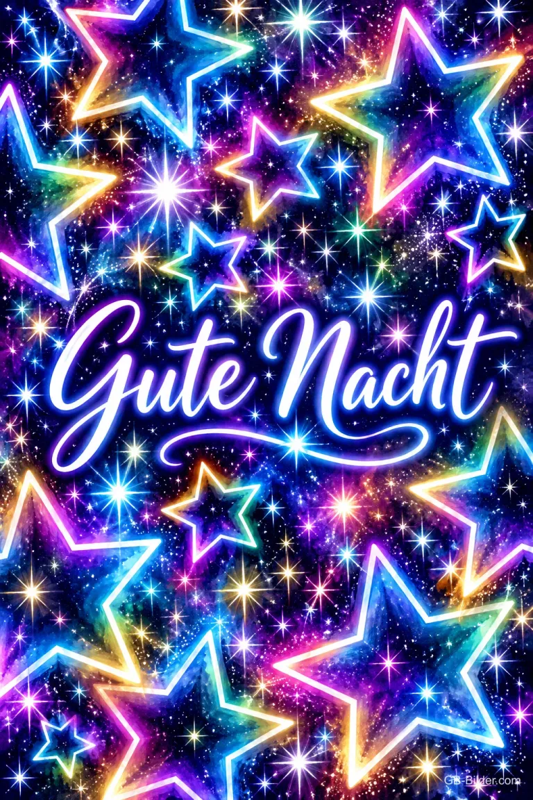 Bunt leuchtende Sterne auf dunklem Hintergrund, Text: Gute Nacht