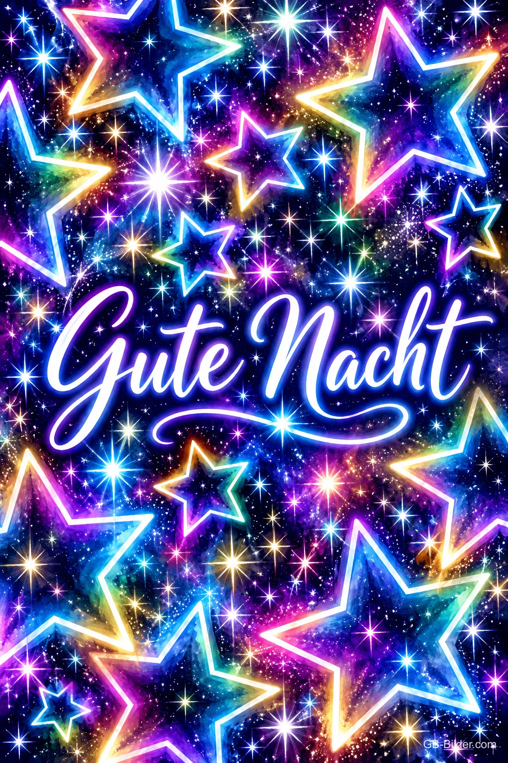 Bunt leuchtende Sterne auf dunklem Hintergrund, Text: Gute Nacht Bunt leuchtende Sterne auf dunklem Hintergrund, Text: Gute Nacht