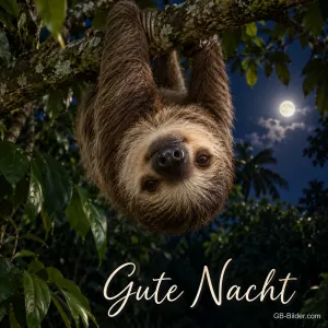 Faultier hängt im Mondschein an einem Ast, Text: Gute Nacht
