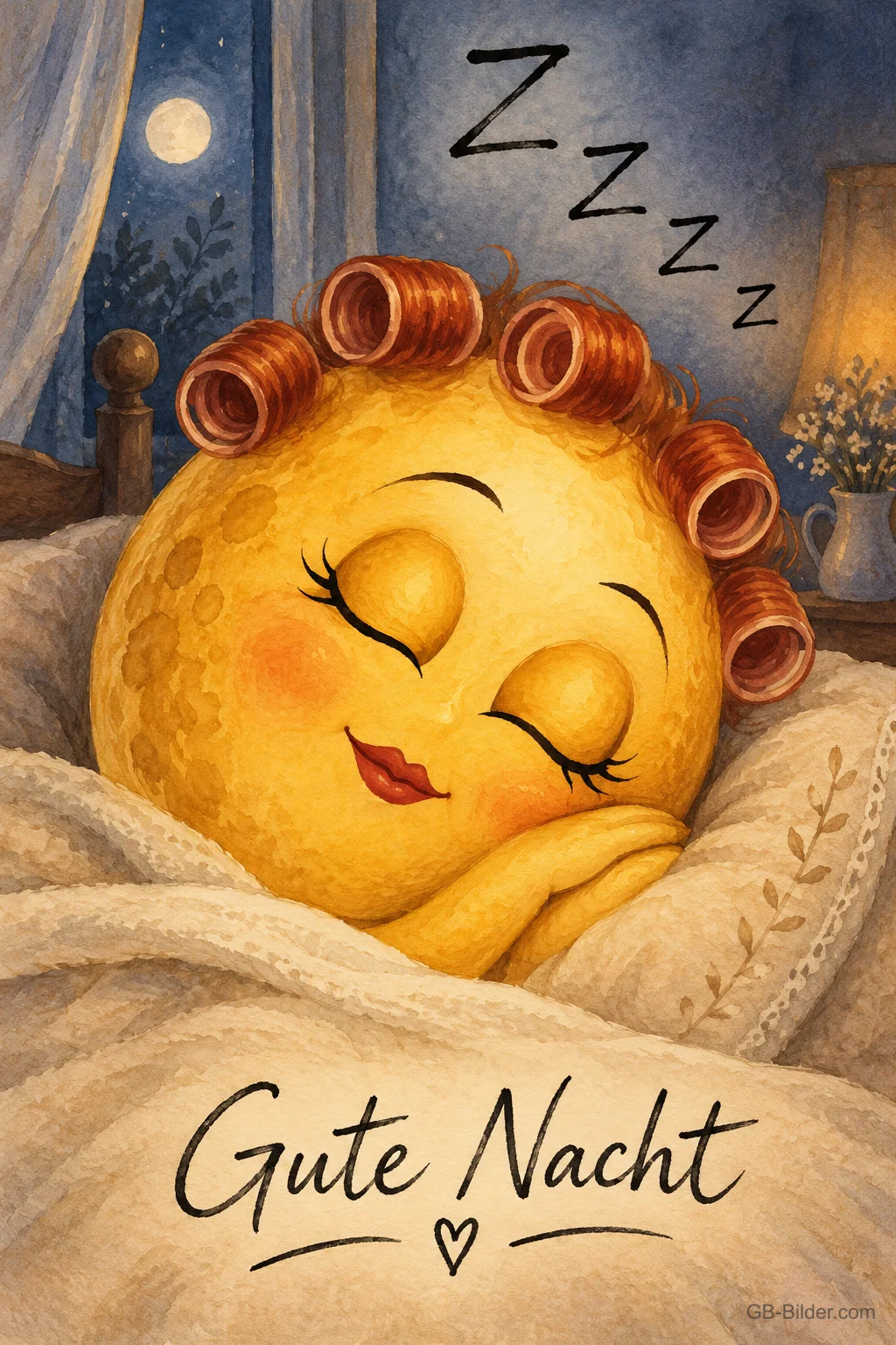 Schlafender Smiley mit Lockenwicklern im Bett, Text: Gute Nacht Schlafender Smiley mit Lockenwicklern im Bett, Text: Gute Nacht