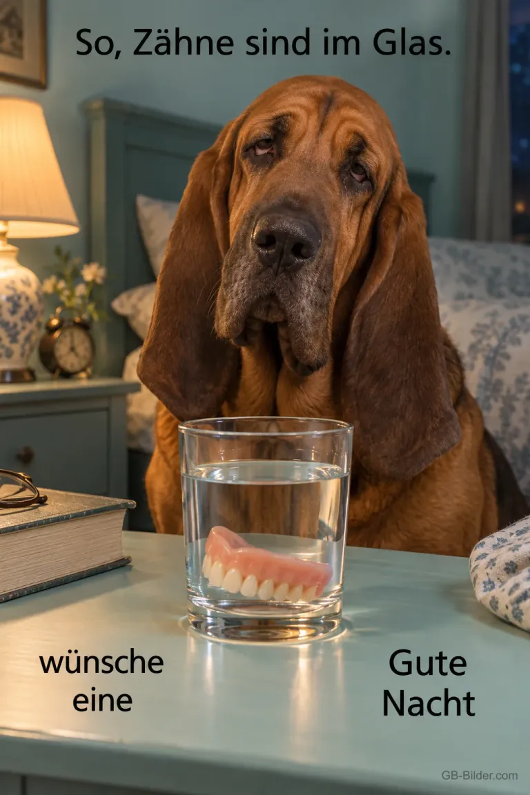 Bluthund neben einem Glas mit Gebiss am Nachttisch, Text: So, Zähne sind im Glas. Wünsche eine gute Nacht