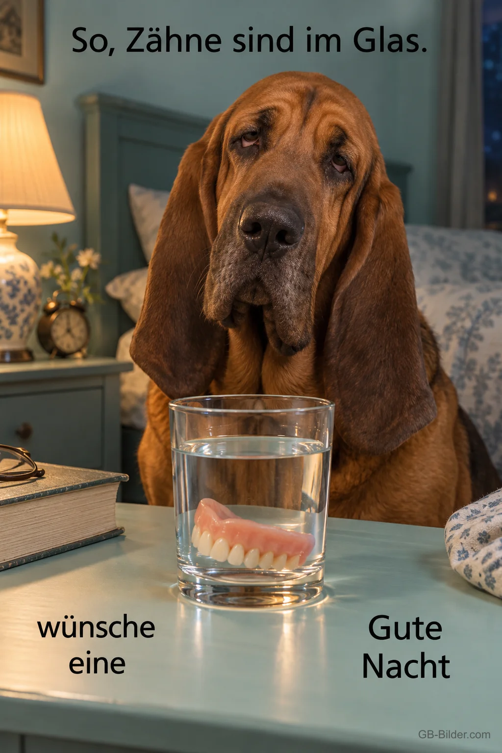Bluthund neben einem Glas mit Gebiss am Nachttisch, Text: So, Zähne sind im Glas. Wünsche eine gute Nacht