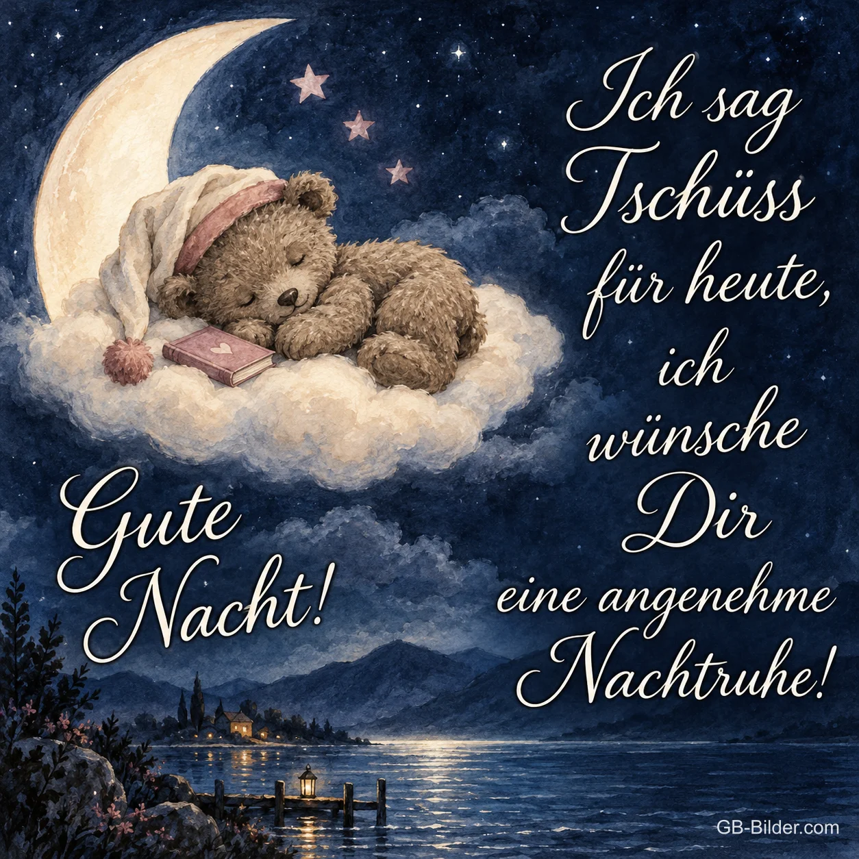 Schlafender Teddybär auf einer Wolke an der Mondsichel, Text: Ich sag Tschüss für heute, ich wünsche dir eine angenehme Nachtruhe! Gute Nacht!