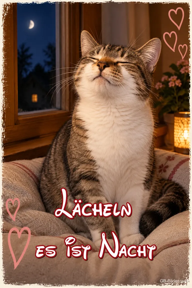 Zufriedene Katze mit geschlossenen Augen am nächtlichen Fenster, Text: Lächeln, es ist Nacht